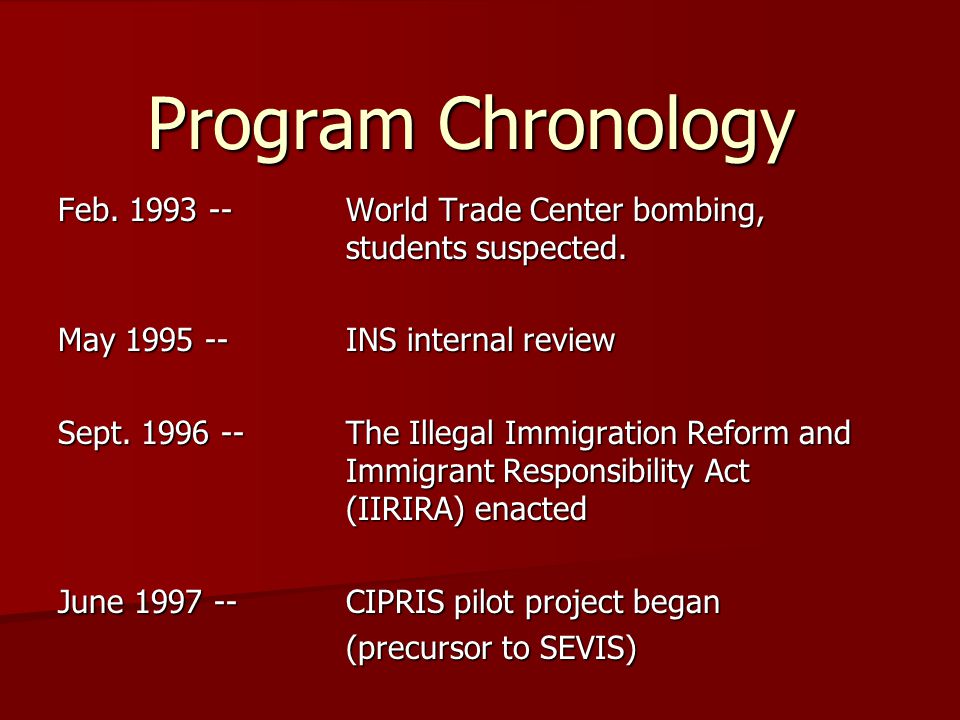 Program Chronology Feb World Trade Center bombing, students suspected.