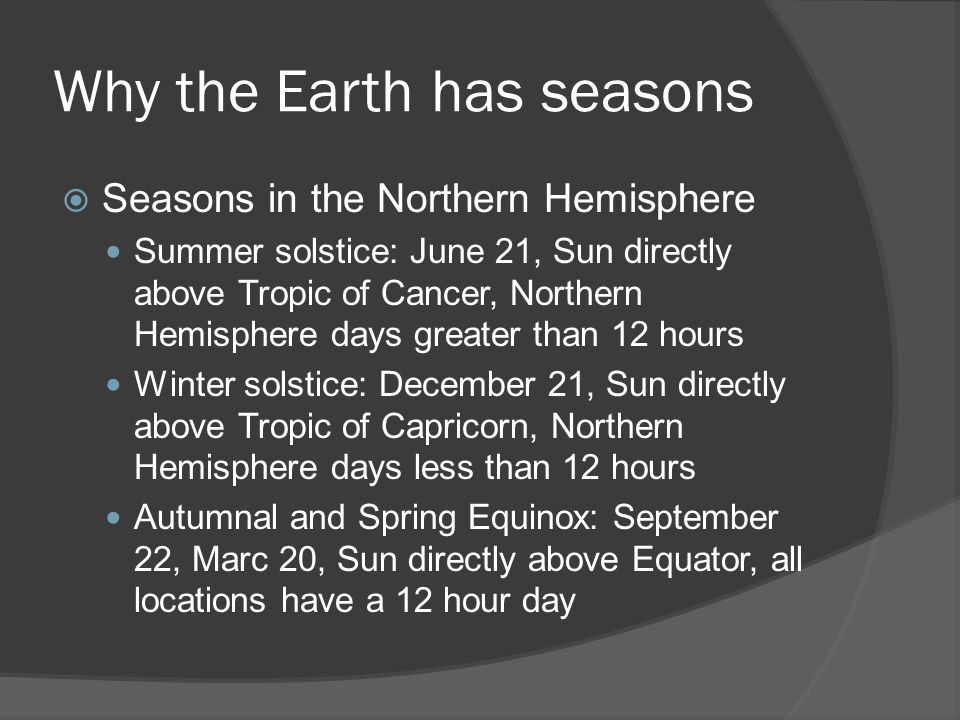 Why the Earth has seasons  Seasons in the Northern Hemisphere Summer solstice: June 21, Sun directly above Tropic of Cancer, Northern Hemisphere days greater than 12 hours Winter solstice: December 21, Sun directly above Tropic of Capricorn, Northern Hemisphere days less than 12 hours Autumnal and Spring Equinox: September 22, Marc 20, Sun directly above Equator, all locations have a 12 hour day