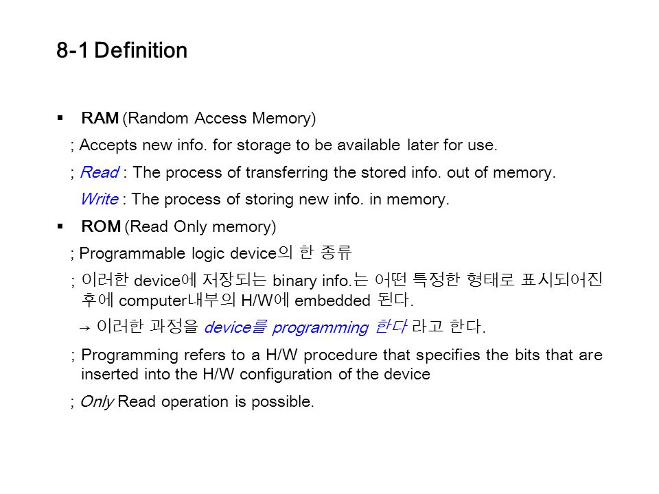 Chapter 8 Memory Basics ( 메모리 기초 ) 8-1 Memory 의 정의 8-2 RAM 8-3 SRAM IC ( 집적회로 ) 8-4 SRAM 의 배열 8-5 DRAM IC 8-6 DRAM 유형 8-7 SRAM IC 의 배열. - ppt