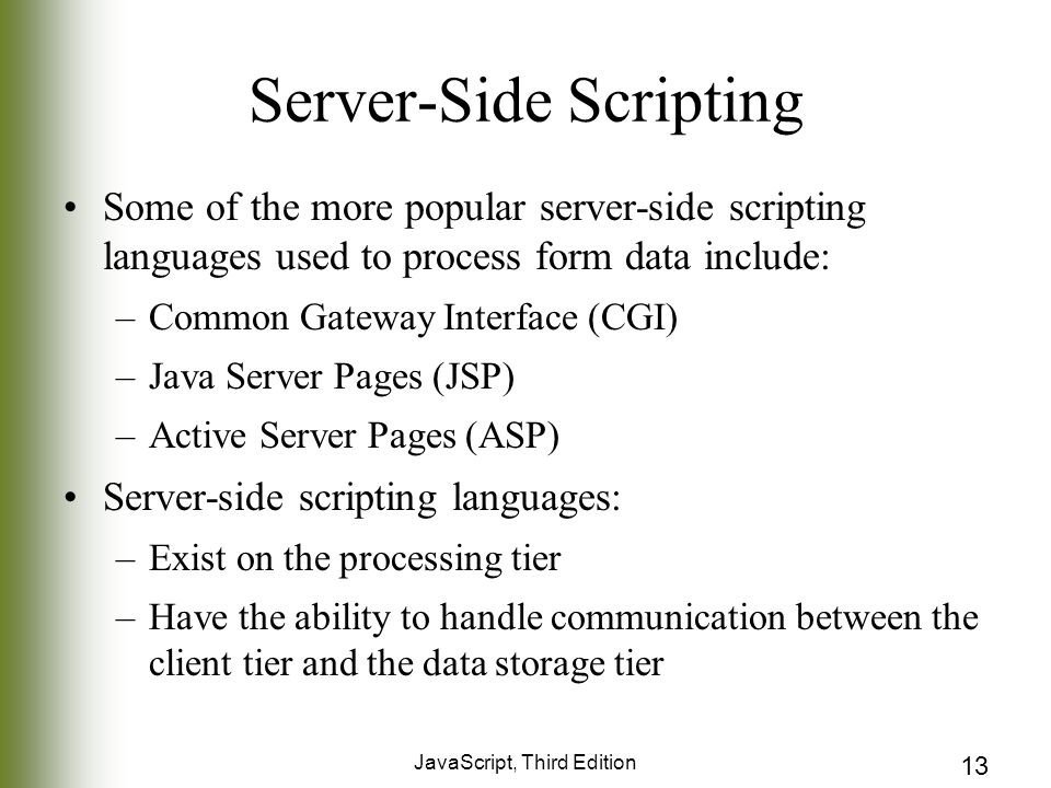 JavaScript, Third Edition 13 Server-Side Scripting Some of the more popular server-side scripting languages used to process form data include: –Common Gateway Interface (CGI) –Java Server Pages (JSP) –Active Server Pages (ASP) Server-side scripting languages: –Exist on the processing tier –Have the ability to handle communication between the client tier and the data storage tier