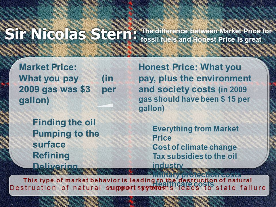 Sir Nicolas Stern: The difference between Market Price for fossil fuels and Honest Price is great Honest Price: What you pay, plus the environment and society costs (in 2009 gas should have been $ 15 per gallon) Everything from Market Price Cost of climate change Tax subsidies to the oil industry Military protection costs Healthcare costs This type of market behavior is leading to the destruction of natural support systems Destruction of natural support systems leads to state failure