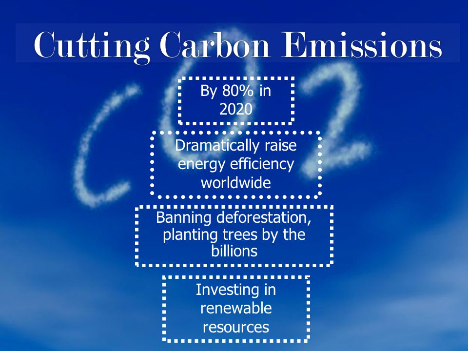 Cutting Carbon Emissions Dramatically raise energy efficiency worldwide By 80% in 2020 Investing in renewable resources Banning deforestation, planting trees by the billions