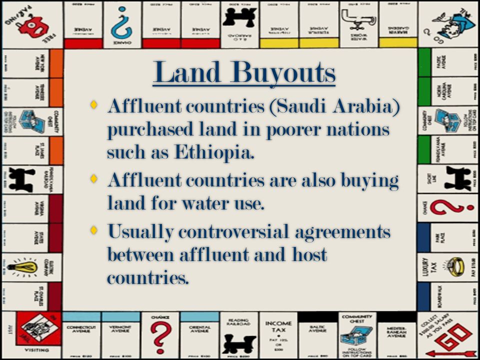 Land Buyouts  Affluent countries (Saudi Arabia) purchased land in poorer nations such as Ethiopia.