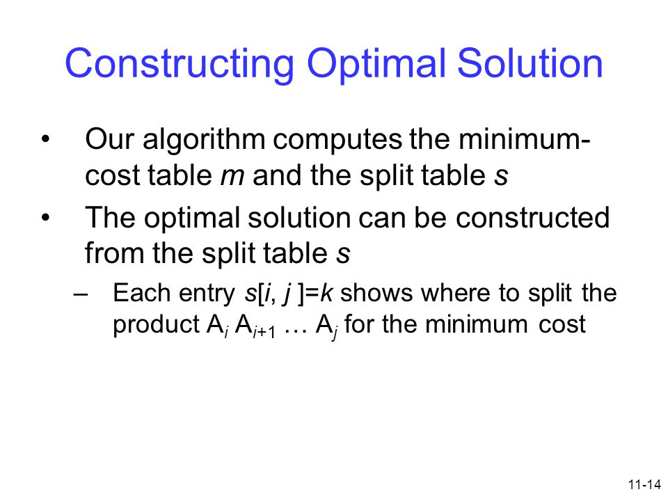 11-14 Constructing Optimal Solution Our algorithm computes the minimum- cost table m and the split table s The optimal solution can be constructed from the split table s –Each entry s[i, j ]=k shows where to split the product A i A i+1 … A j for the minimum cost