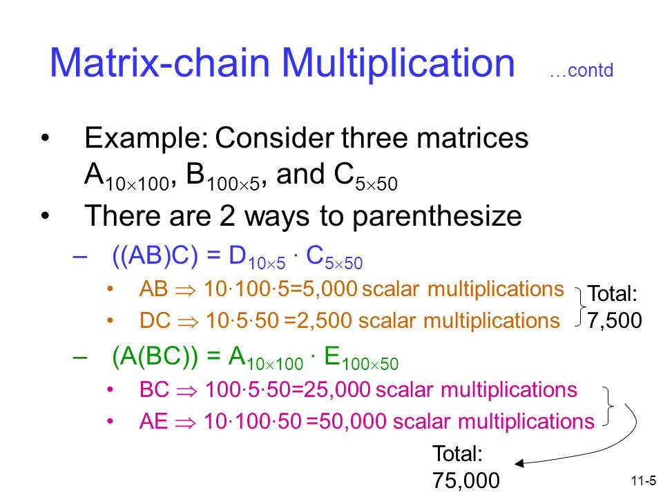 11-5 Matrix-chain Multiplication …contd Example: Consider three matrices A 10  100, B 100  5, and C 5  50 There are 2 ways to parenthesize –((AB)C) = D 10  5 · C 5  50 AB  10 · 100 · 5=5,000 scalar multiplications DC  10 · 5 · 50 =2,500 scalar multiplications –(A(BC)) = A 10  100 · E 100  50 BC  100 · 5 · 50=25,000 scalar multiplications AE  10 · 100 · 50 =50,000 scalar multiplications Total: 7,500 Total: 75,000