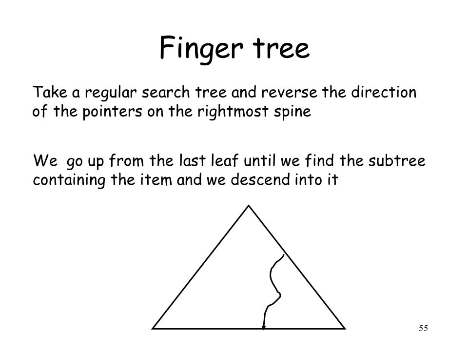 55 Finger tree Take a regular search tree and reverse the direction of the pointers on the rightmost spine We go up from the last leaf until we find the subtree containing the item and we descend into it