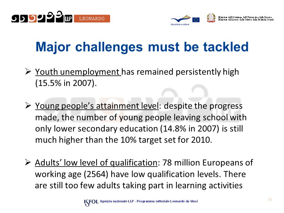 Major challenges must be tackled  Youth unemployment has remained persistently high (15.5% in 2007).