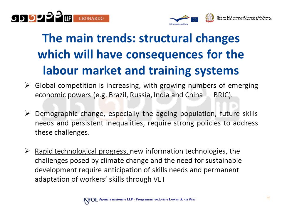 The main trends: structural changes which will have consequences for the labour market and training systems  Global competition is increasing, with growing numbers of emerging economic powers (e.g.