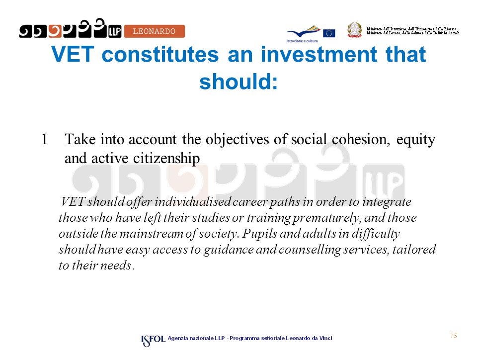 VET constitutes an investment that should: 1Take into account the objectives of social cohesion, equity and active citizenship VET should offer individualised career paths in order to integrate those who have left their studies or training prematurely, and those outside the mainstream of society.