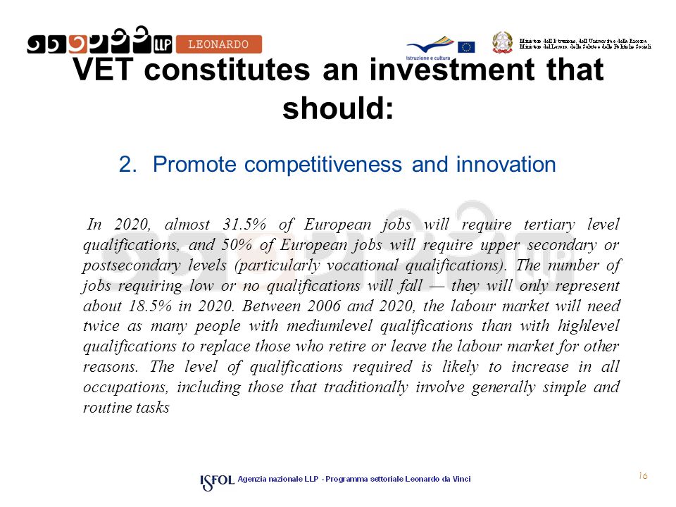 VET constitutes an investment that should: 2.