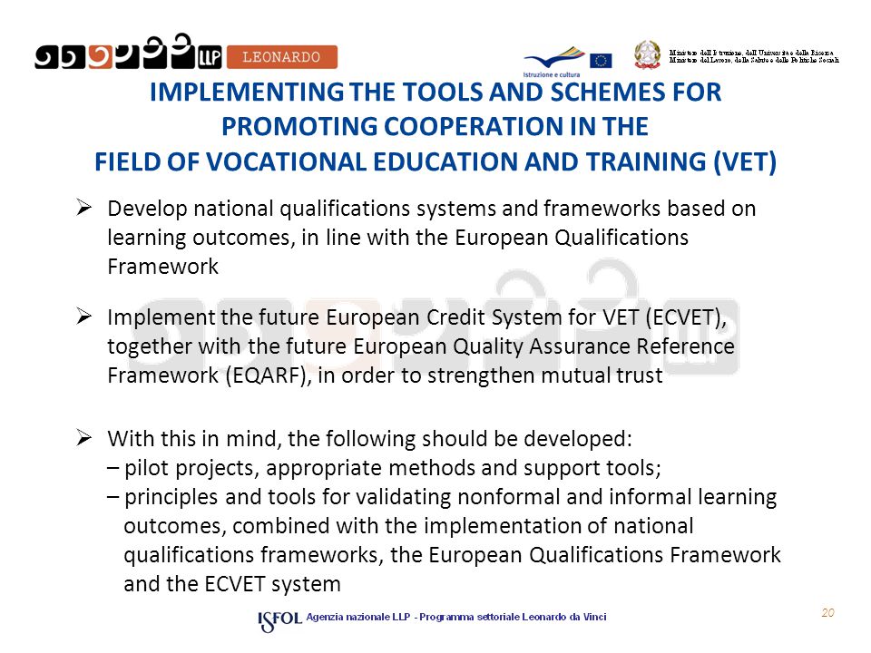 IMPLEMENTING THE TOOLS AND SCHEMES FOR PROMOTING COOPERATION IN THE FIELD OF VOCATIONAL EDUCATION AND TRAINING (VET)  Develop national qualifications systems and frameworks based on learning outcomes, in line with the European Qualifications Framework  Implement the future European Credit System for VET (ECVET), together with the future European Quality Assurance Reference Framework (EQARF), in order to strengthen mutual trust  With this in mind, the following should be developed: – pilot projects, appropriate methods and support tools; – principles and tools for validating non­formal and informal learning outcomes, combined with the implementation of national qualifications frameworks, the European Qualifications Framework and the ECVET system 20