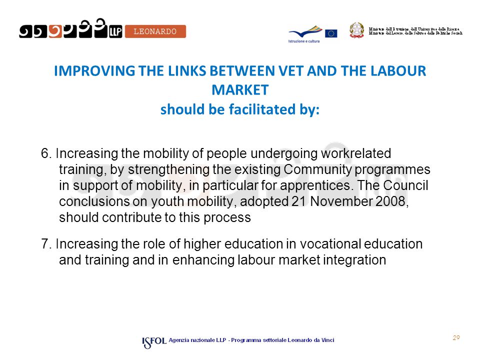 IMPROVING THE LINKS BETWEEN VET AND THE LABOUR MARKET should be facilitated by: 6.