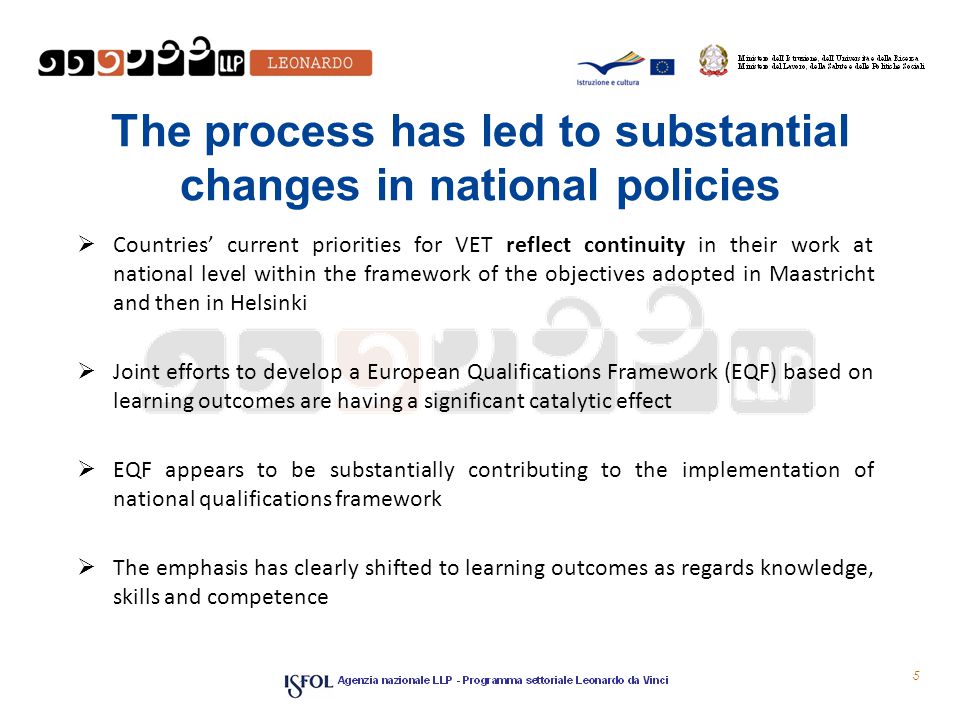 The process has led to substantial changes in national policies  Countries’ current priorities for VET reflect continuity in their work at national level within the framework of the objectives adopted in Maastricht and then in Helsinki  Joint efforts to develop a European Qualifications Framework (EQF) based on learning outcomes are having a significant catalytic effect  EQF appears to be substantially contributing to the implementation of national qualifications framework  The emphasis has clearly shifted to learning outcomes as regards knowledge, skills and competence 5