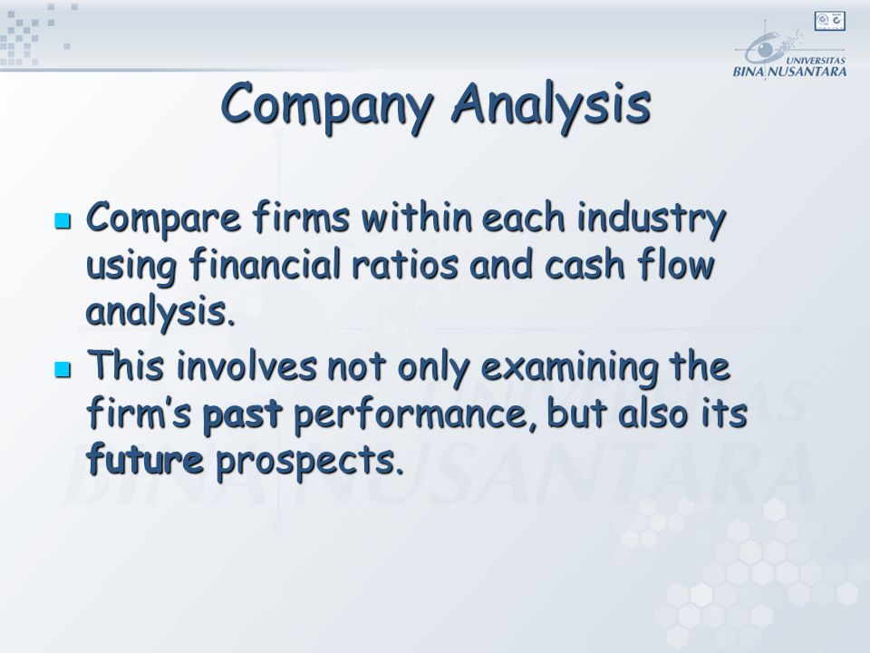 Company Analysis Compare firms within each industry using financial ratios and cash flow analysis.