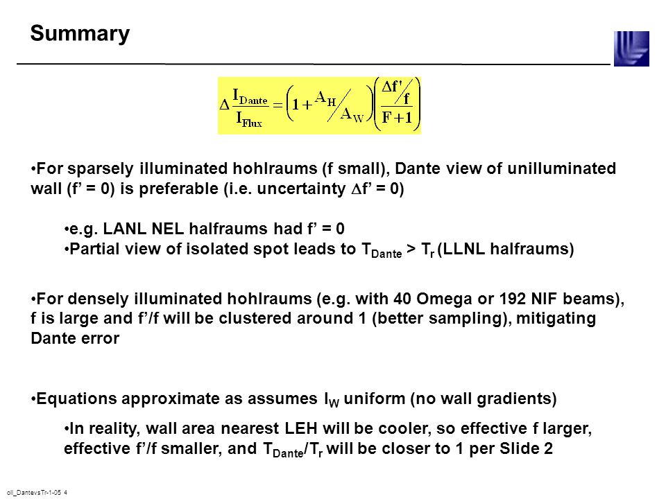 oll_DantevsTr Summary For sparsely illuminated hohlraums (f small), Dante view of unilluminated wall (f’ = 0) is preferable (i.e.