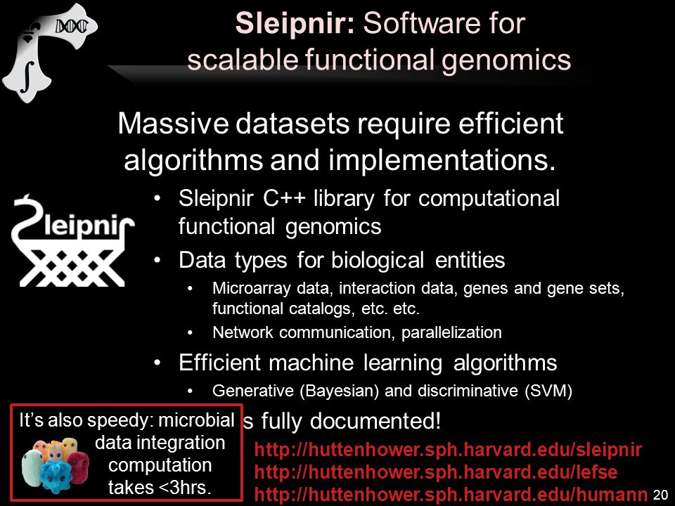 Sleipnir C++ library for computational functional genomics Data types for biological entities Microarray data, interaction data, genes and gene sets, functional catalogs, etc.