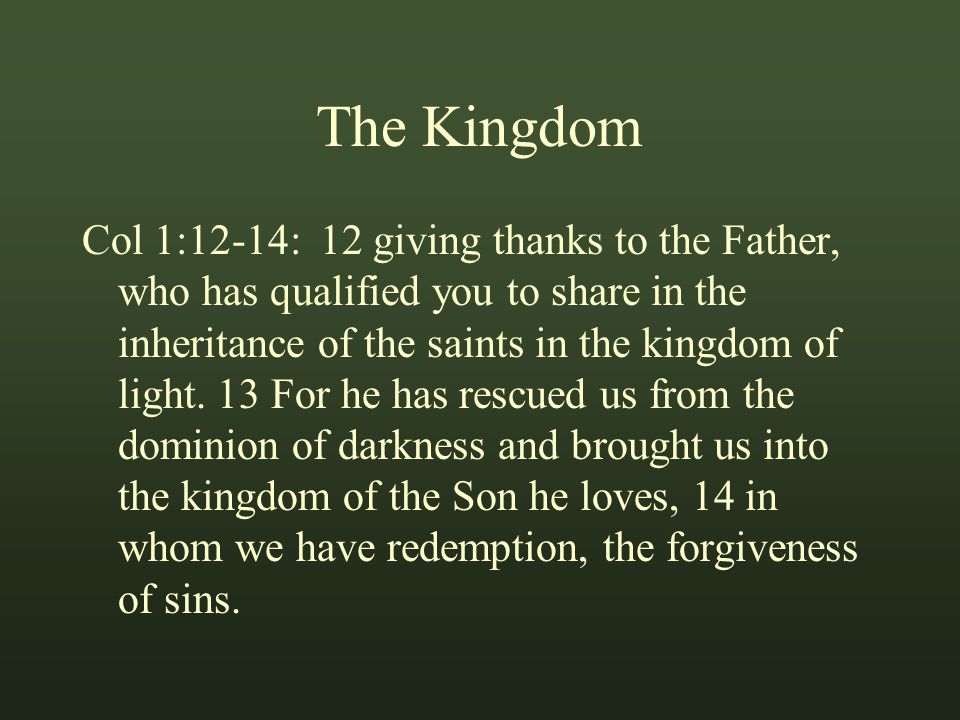 The Kingdom Col 1:12-14: 12 giving thanks to the Father, who has qualified you to share in the inheritance of the saints in the kingdom of light.