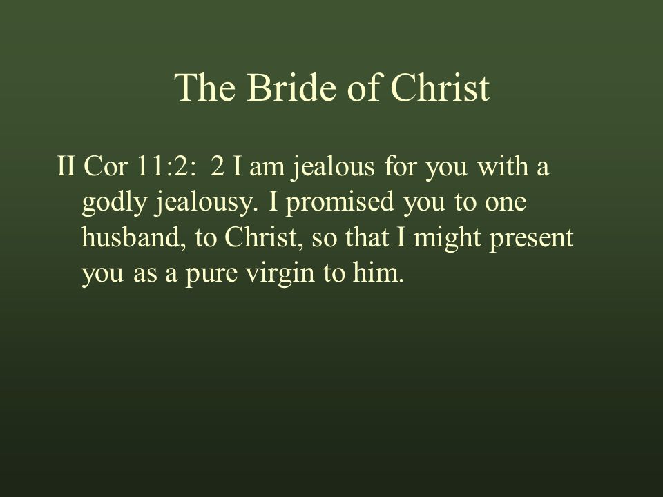 The Bride of Christ II Cor 11:2: 2 I am jealous for you with a godly jealousy.