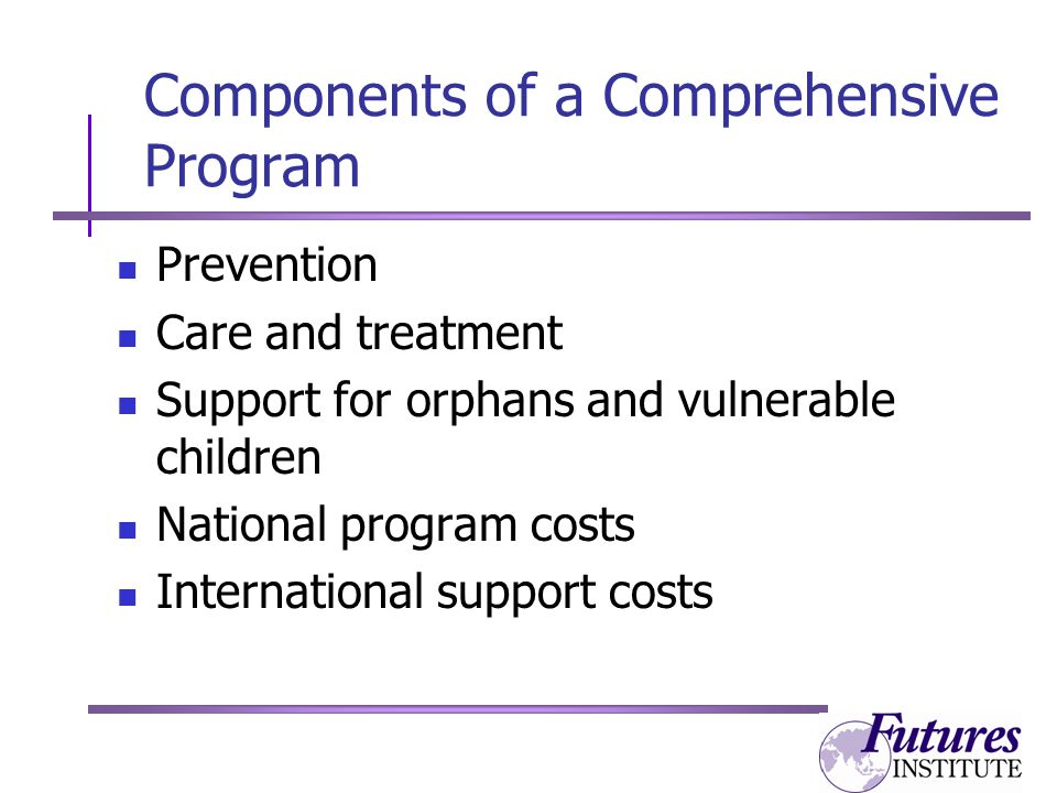 Components of a Comprehensive Program Prevention Care and treatment Support for orphans and vulnerable children National program costs International support costs