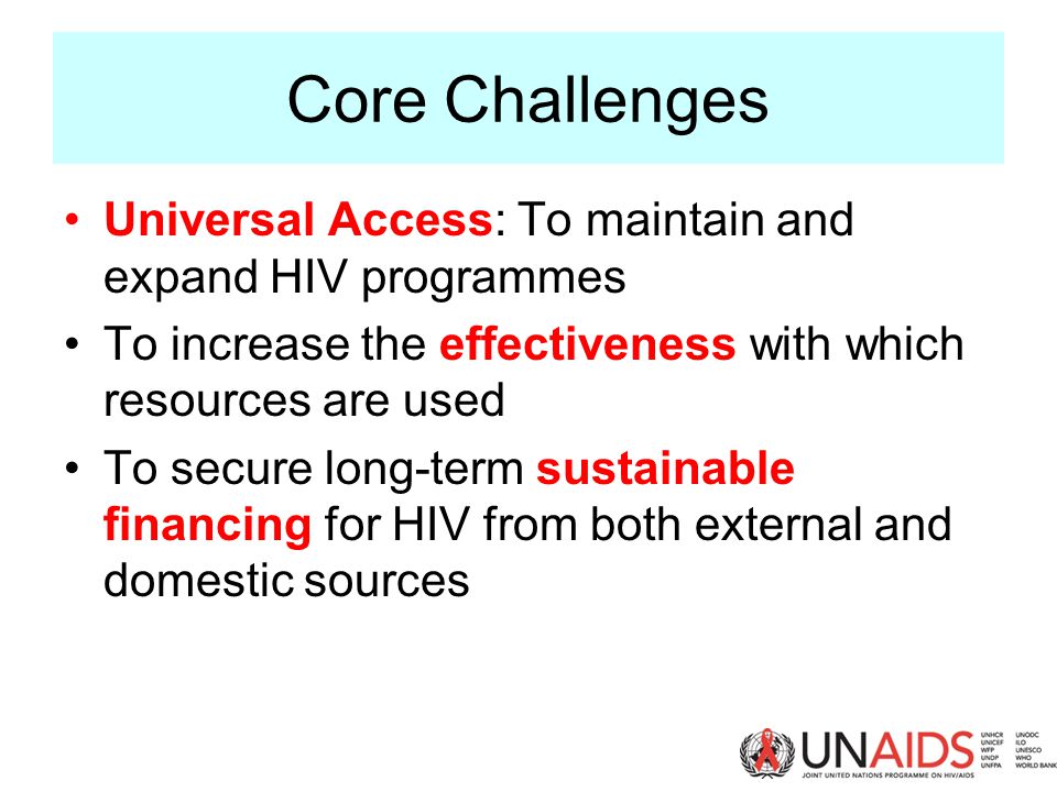 Core Challenges Universal Access: To maintain and expand HIV programmes To increase the effectiveness with which resources are used To secure long-term sustainable financing for HIV from both external and domestic sources