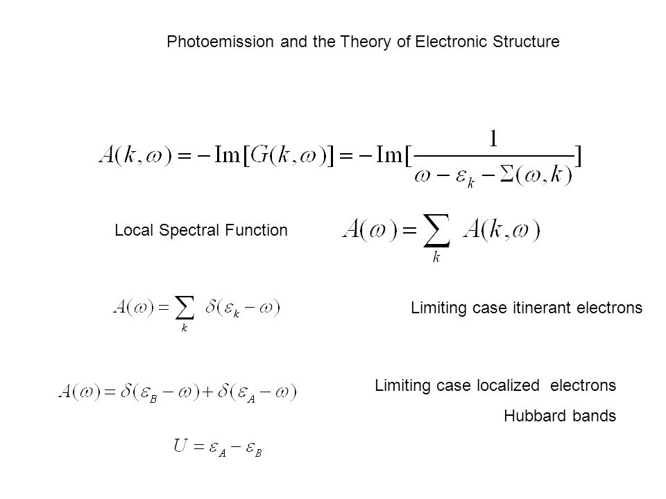 Photoemission and the Theory of Electronic Structure Limiting case itinerant electrons Limiting case localized electrons Hubbard bands Local Spectral Function