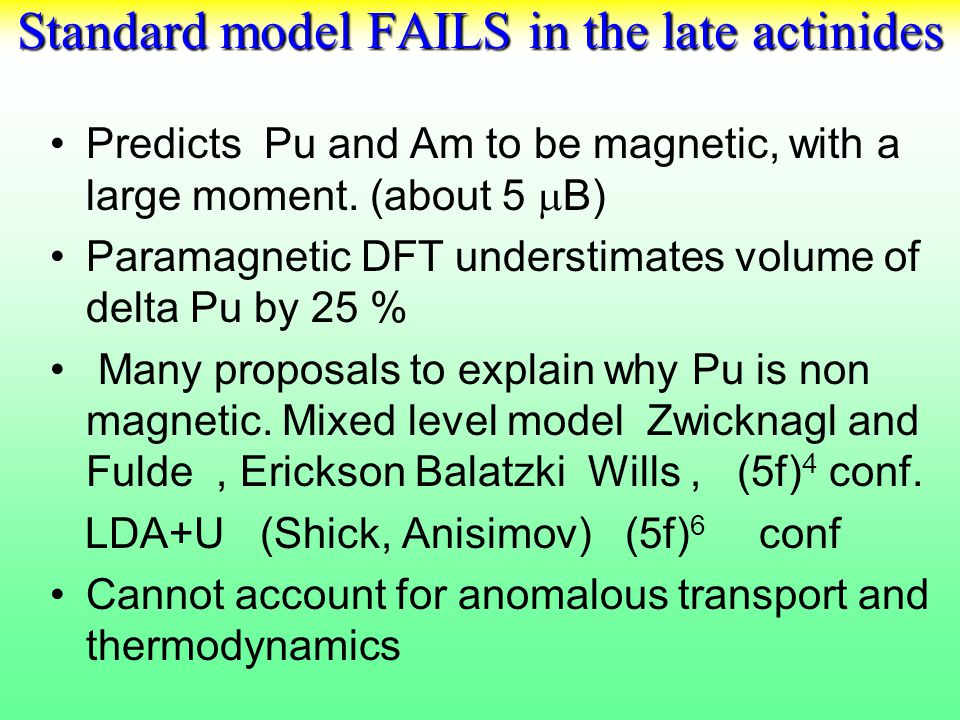 Standard model FAILS in the late actinides Predicts Pu and Am to be magnetic, with a large moment.