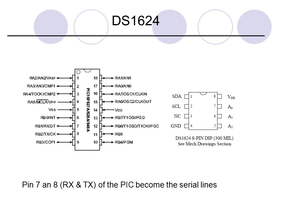 DS1624 Pin 7 an 8 (RX & TX) of the PIC become the serial lines