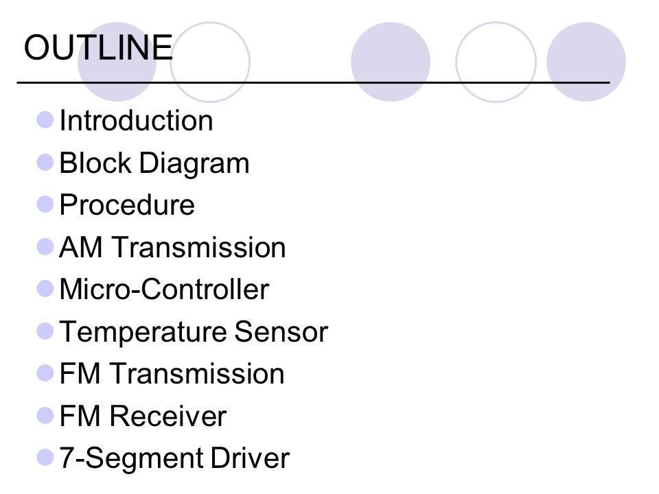 OUTLINE Introduction Block Diagram Procedure AM Transmission Micro-Controller Temperature Sensor FM Transmission FM Receiver 7-Segment Driver