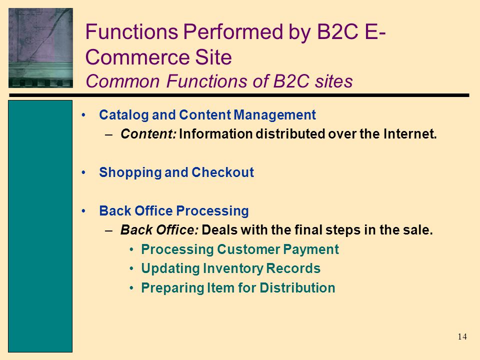 14 Functions Performed by B2C E- Commerce Site Common Functions of B2C sites Catalog and Content Management –Content: Information distributed over the Internet.
