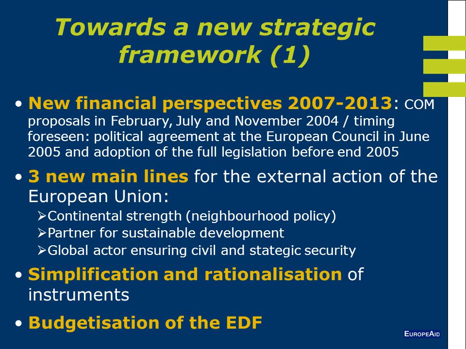 New financial perspectives : COM proposals in February, July and November 2004 / timing foreseen: political agreement at the European Council in June 2005 and adoption of the full legislation before end new main lines for the external action of the European Union:  Continental strength (neighbourhood policy)  Partner for sustainable development  Global actor ensuring civil and stategic security Simplification and rationalisation of instruments Budgetisation of the EDF Towards a new strategic framework (1)