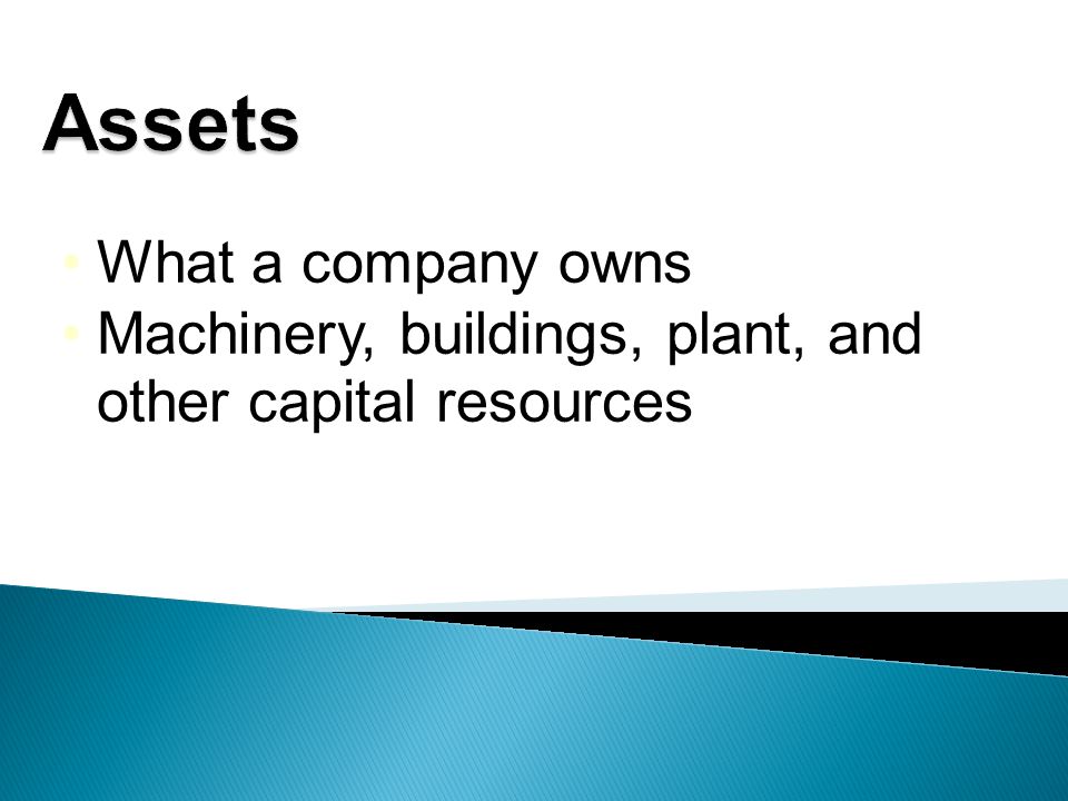 What a company owns Machinery, buildings, plant, and other capital resources