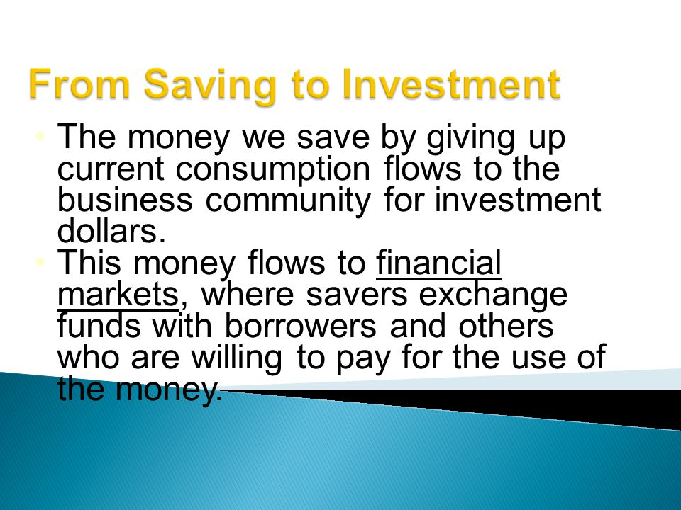 The money we save by giving up current consumption flows to the business community for investment dollars.