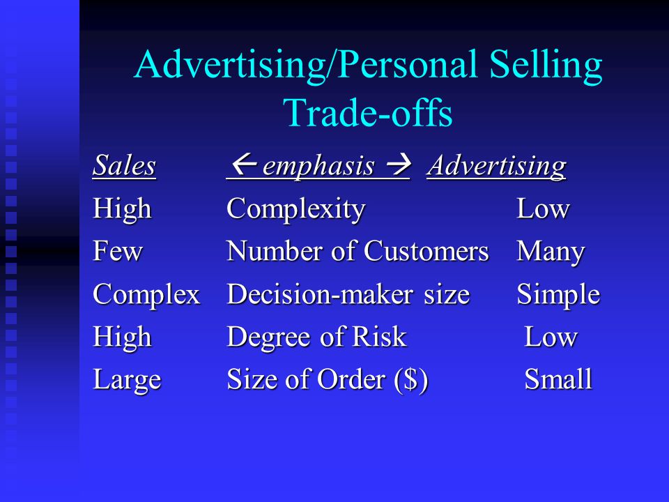 Advertising/Personal Selling Trade-offs Sales  emphasis  Advertising HighComplexity Low FewNumber of Customers Many ComplexDecision-maker size Simple HighDegree of Risk Low LargeSize of Order ($) Small