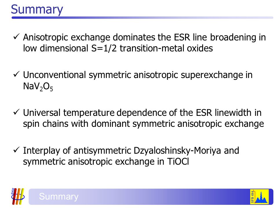 Summary Anisotropic exchange dominates the ESR line broadening in low dimensional S=1/2 transition-metal oxides Unconventional symmetric anisotropic superexchange in NaV 2 O 5 Universal temperature dependence of the ESR linewidth in spin chains with dominant symmetric anisotropic exchange Interplay of antisymmetric Dzyaloshinsky-Moriya and symmetric anisotropic exchange in TiOCl