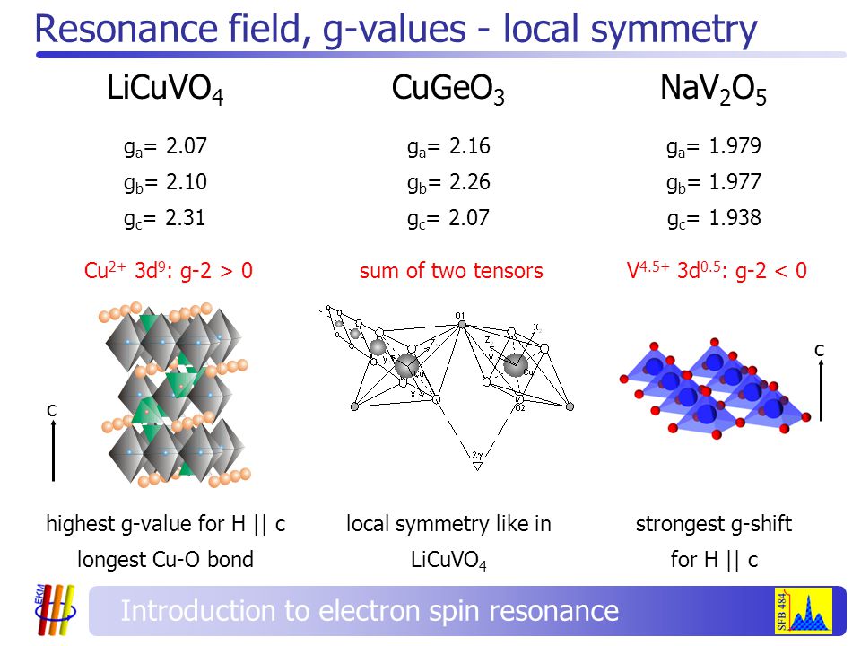 Resonance field, g-values - local symmetry LiCuVO 4 g a = 2.07 g b = 2.10 g c = 2.31 Cu 2+ 3d 9 : g-2 > 0 highest g-value for H || c longest Cu-O bond NaV 2 O 5 g a = g b = g c = V d 0.5 : g-2 < 0 strongest g-shift for H || c CuGeO 3 g a = 2.16 g b = 2.26 g c = 2.07 sum of two tensors local symmetry like in LiCuVO 4 c c Introduction to electron spin resonance