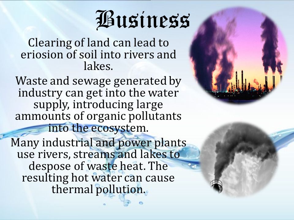 Business Clearing of land can lead to eriosion of soil into rivers and lakes.