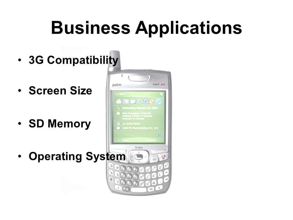 Business Applications 3G Compatibility Screen Size SD Memory Operating System