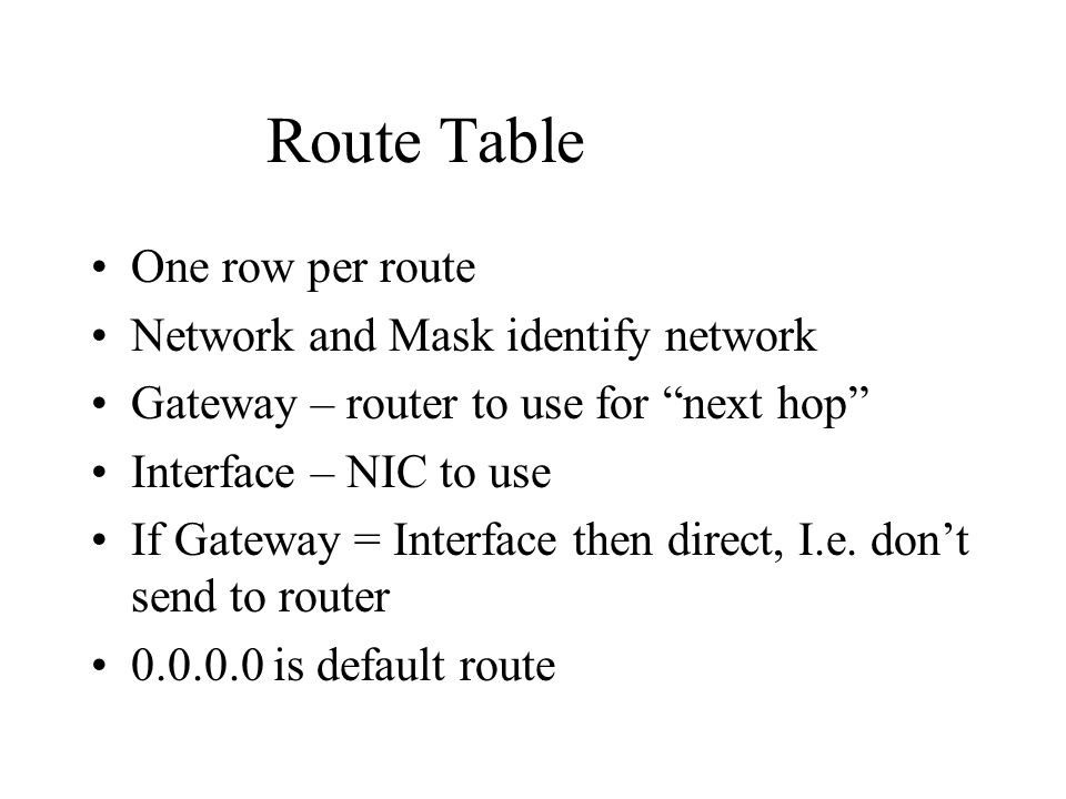 Route Table One row per route Network and Mask identify network Gateway – router to use for next hop Interface – NIC to use If Gateway = Interface then direct, I.e.