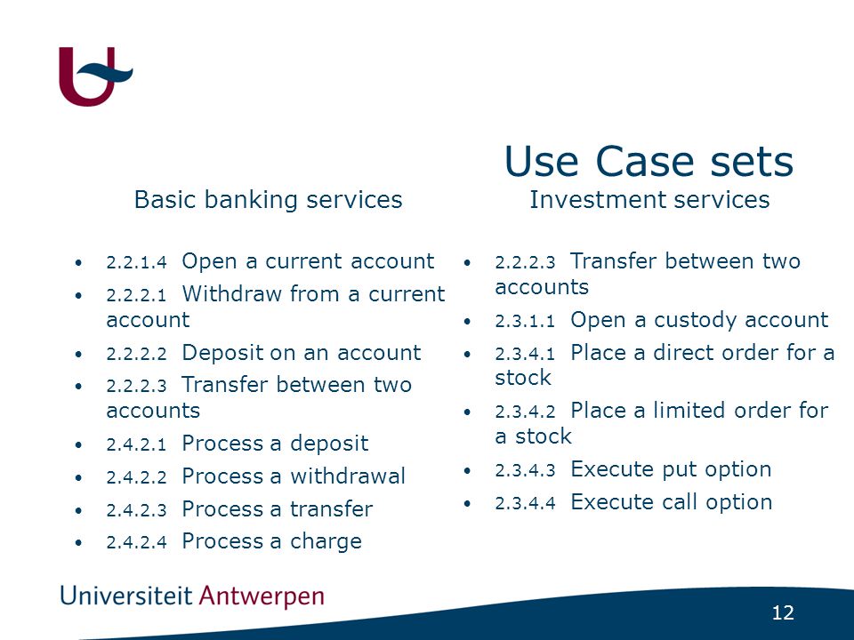 12 Use Case sets Basic banking services Open a current account Withdraw from a current account Deposit on an account Transfer between two accounts Process a deposit Process a withdrawal Process a transfer Process a charge Investment services Transfer between two accounts Open a custody account Place a direct order for a stock Place a limited order for a stock Execute put option Execute call option