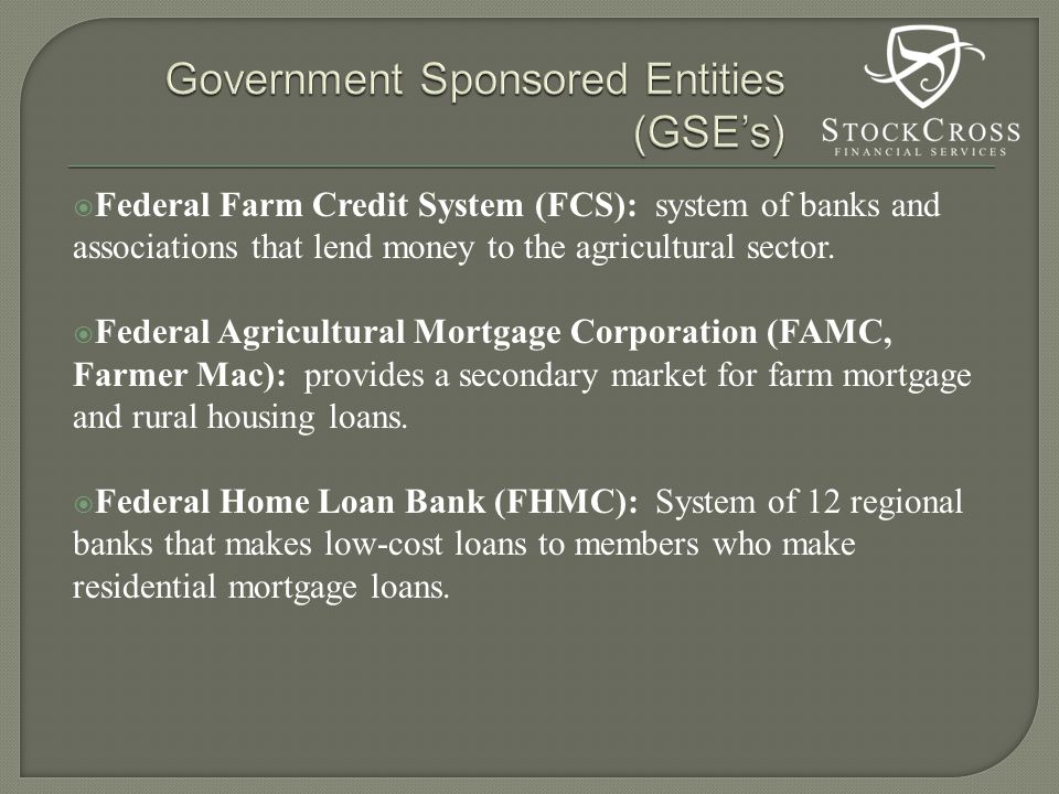  Federal Farm Credit System (FCS): system of banks and associations that lend money to the agricultural sector.