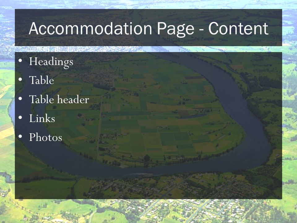 Accommodation Page - Content Headings Table Table header Links Photos