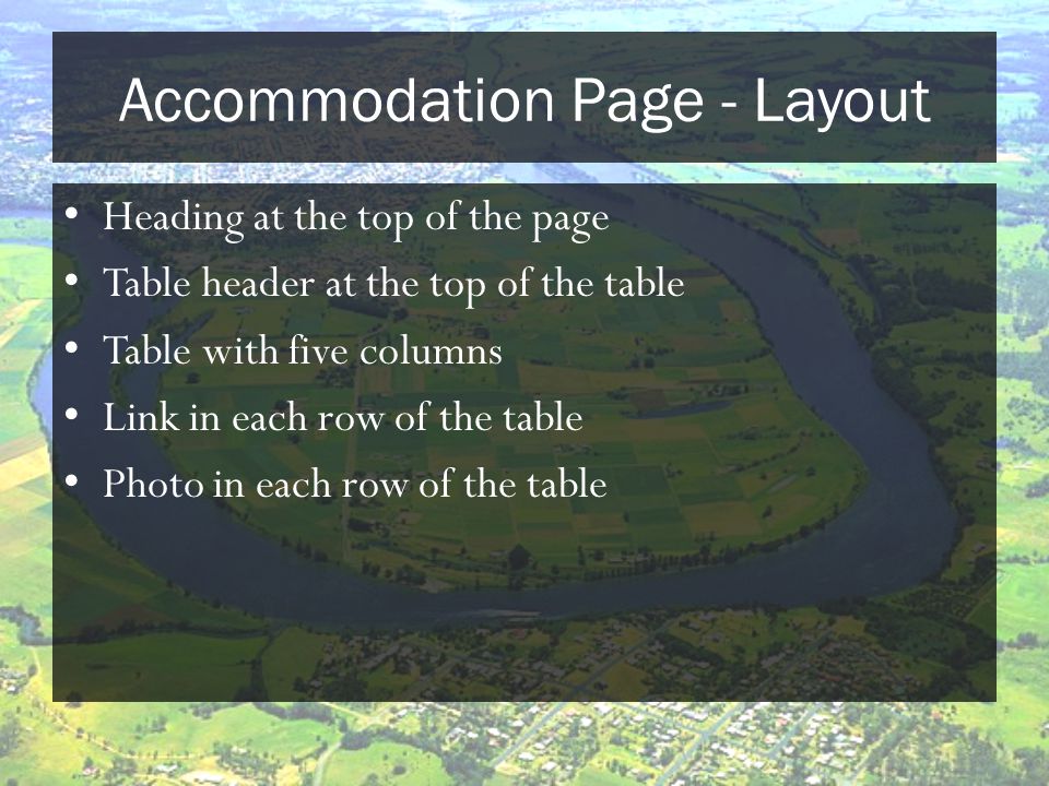 Accommodation Page - Layout Heading at the top of the page Table header at the top of the table Table with five columns Link in each row of the table Photo in each row of the table