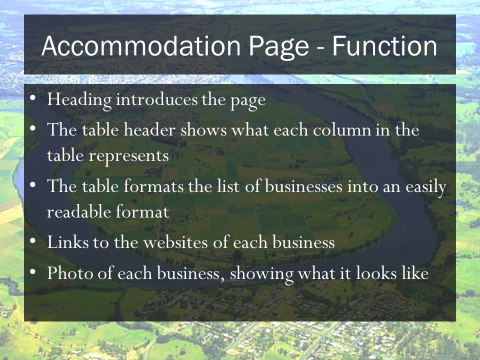 Accommodation Page - Function Heading introduces the page The table header shows what each column in the table represents The table formats the list of businesses into an easily readable format Links to the websites of each business Photo of each business, showing what it looks like