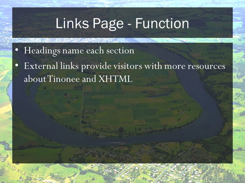 Links Page - Function Headings name each section External links provide visitors with more resources about Tinonee and XHTML