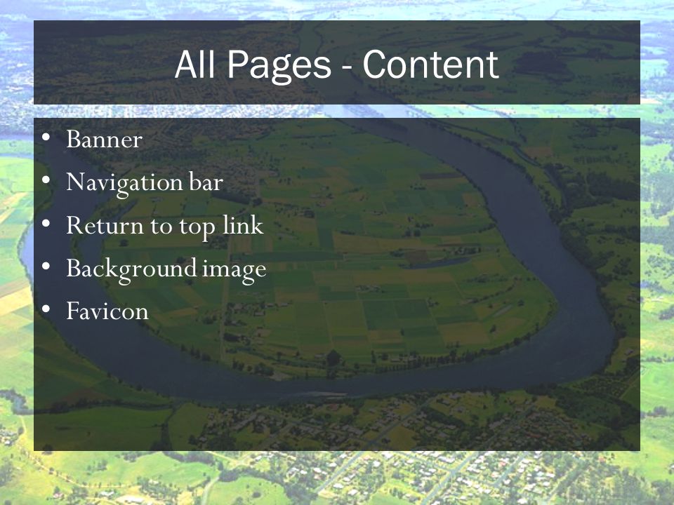All Pages - Content Banner Navigation bar Return to top link Background image Favicon