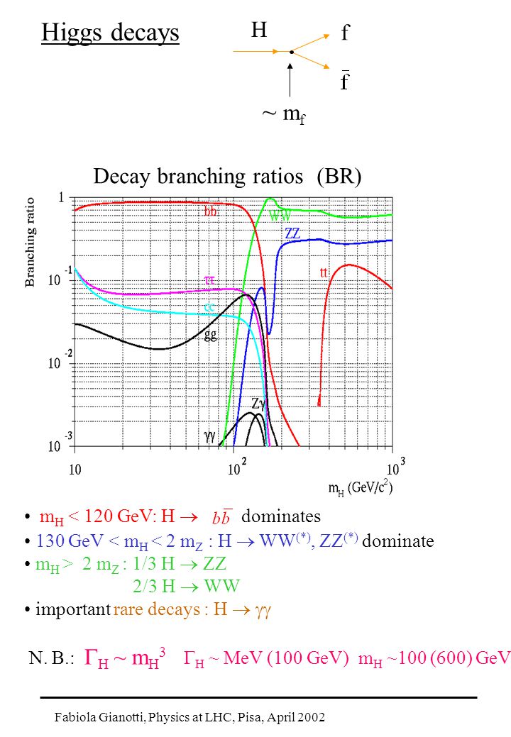 Fabiola Gianotti, Physics at LHC, Pisa, April 2002 Higgs decays Decay branching ratios (BR) m H < 120 GeV: H  dominates 130 GeV < m H < 2 m Z : H  WW (*), ZZ (*) dominate m H > 2 m Z : 1/3 H  ZZ 2/3 H  WW important rare decays : H   N.