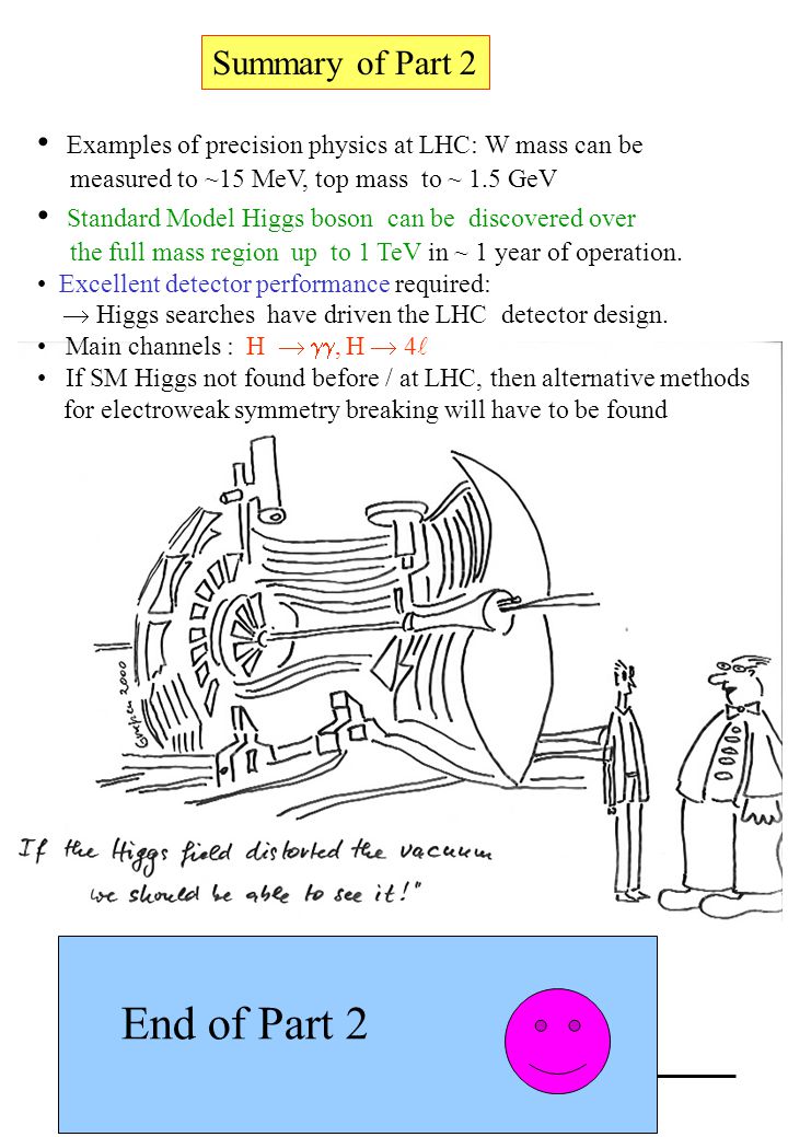 Fabiola Gianotti, Physics at LHC, Pisa, April 2002 Summary of Part 2 Examples of precision physics at LHC: W mass can be measured to ~15 MeV, top mass to ~ 1.5 GeV Standard Model Higgs boson can be discovered over the full mass region up to 1 TeV in ~ 1 year of operation.