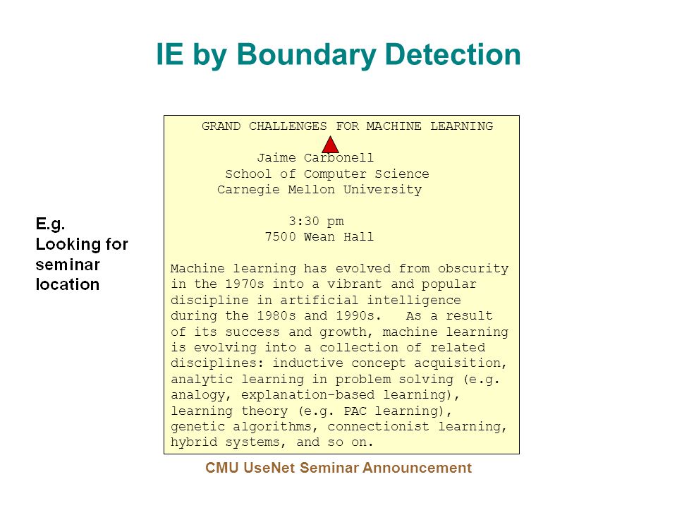 IE by Boundary Detection GRAND CHALLENGES FOR MACHINE LEARNING Jaime Carbonell School of Computer Science Carnegie Mellon University 3:30 pm 7500 Wean Hall Machine learning has evolved from obscurity in the 1970s into a vibrant and popular discipline in artificial intelligence during the 1980s and 1990s.