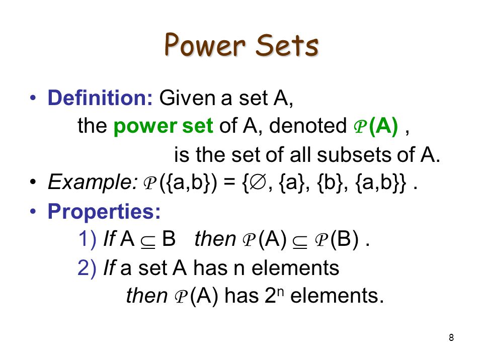 Instance properties. Power Definition. Power Set. Set notation. Numerale Distributive.