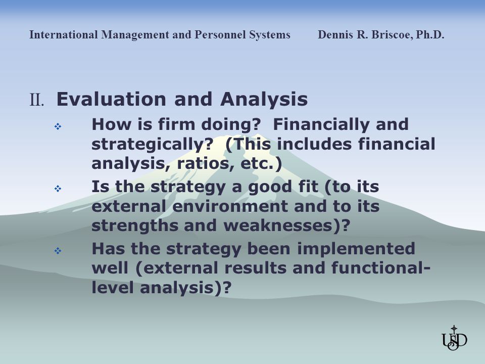 II. Evaluation and Analysis  How is firm doing. Financially and strategically.